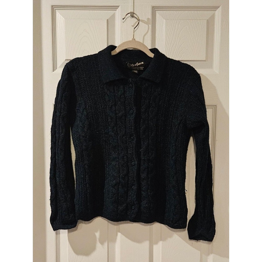 La Alpaca 100% Baby Alpaca Cable Knit Button Up Cardigan Sweater Emerald Small